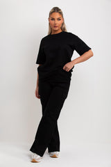 womens black t shirt and wide leg trousers loungewear set