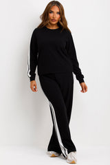 womens wide leg trousers and long sleeve jumper two piece loungewear set with side stripe