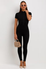 zip front short sleeve sculpt contour jumpsuit black