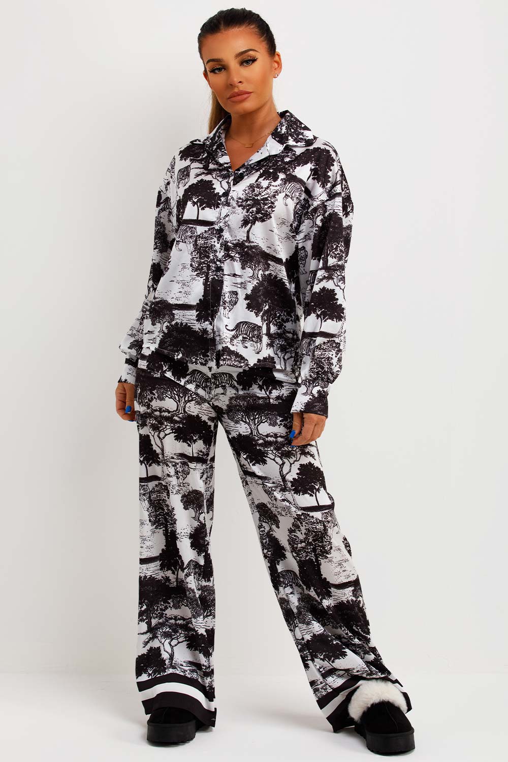 womens satin jungle print shirt and trousers co ord set