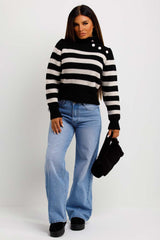 womens high neck dressy striped jumper with button detail