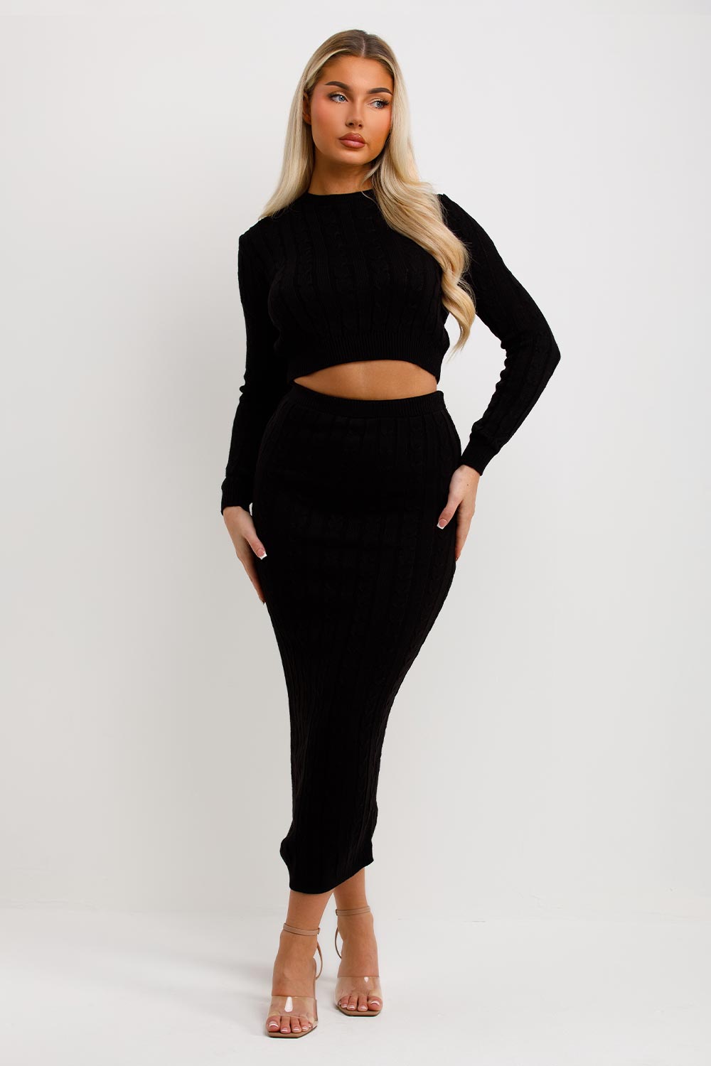 womens knit maxi skirt and top co ord set going out winter outfit
