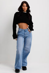 womens black knitted crop jumper with long sleeves and contrast edges uk