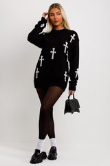 womens oversized jumper dress with long sleeves and crosses pattern ego