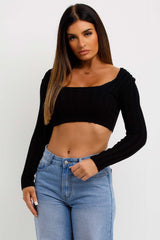 womens black square neck long sleeve knitted crop jumpewr