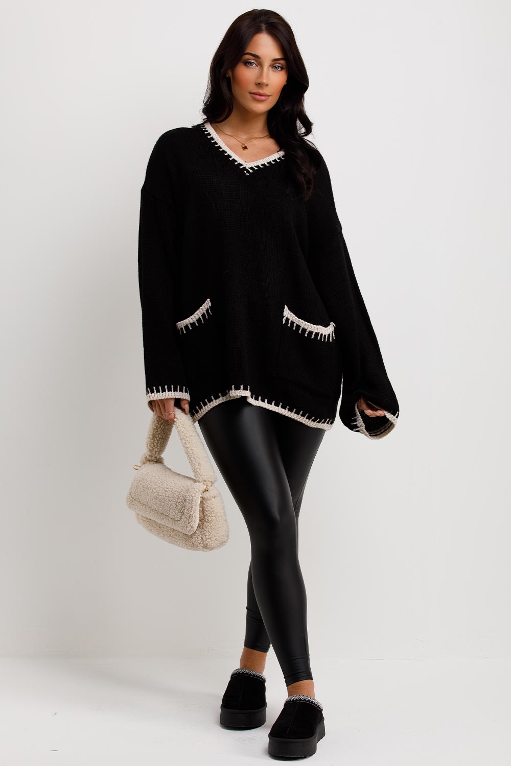 womens black oversized knitted long sleeve jumper