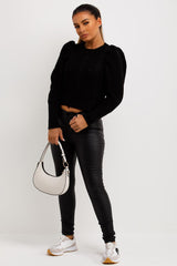 womens knitted cropped jumper with puff shoulders
