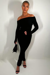fold detail off shoulder ribbed top with long sleeves and matching trousers  two piece set going out outfit