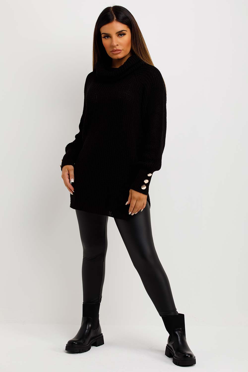 womens knitted jumper with roll neck and gold button cuffs