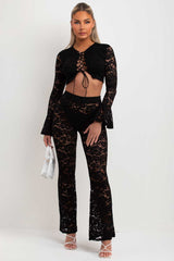 womens black lace trousers and lace up front going out summer festival crop top