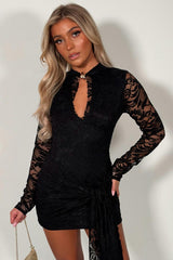 long sleeve lace mini dress with drape sides christmas party night out outfit styledup uk