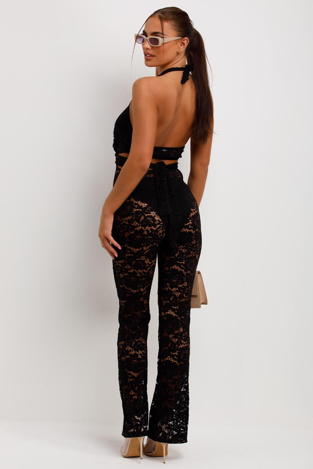 black lace jumpsuit with skinny flare legs