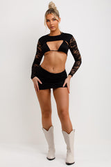 festival clothes lace mini skirt bikini and crop top 3 piece set