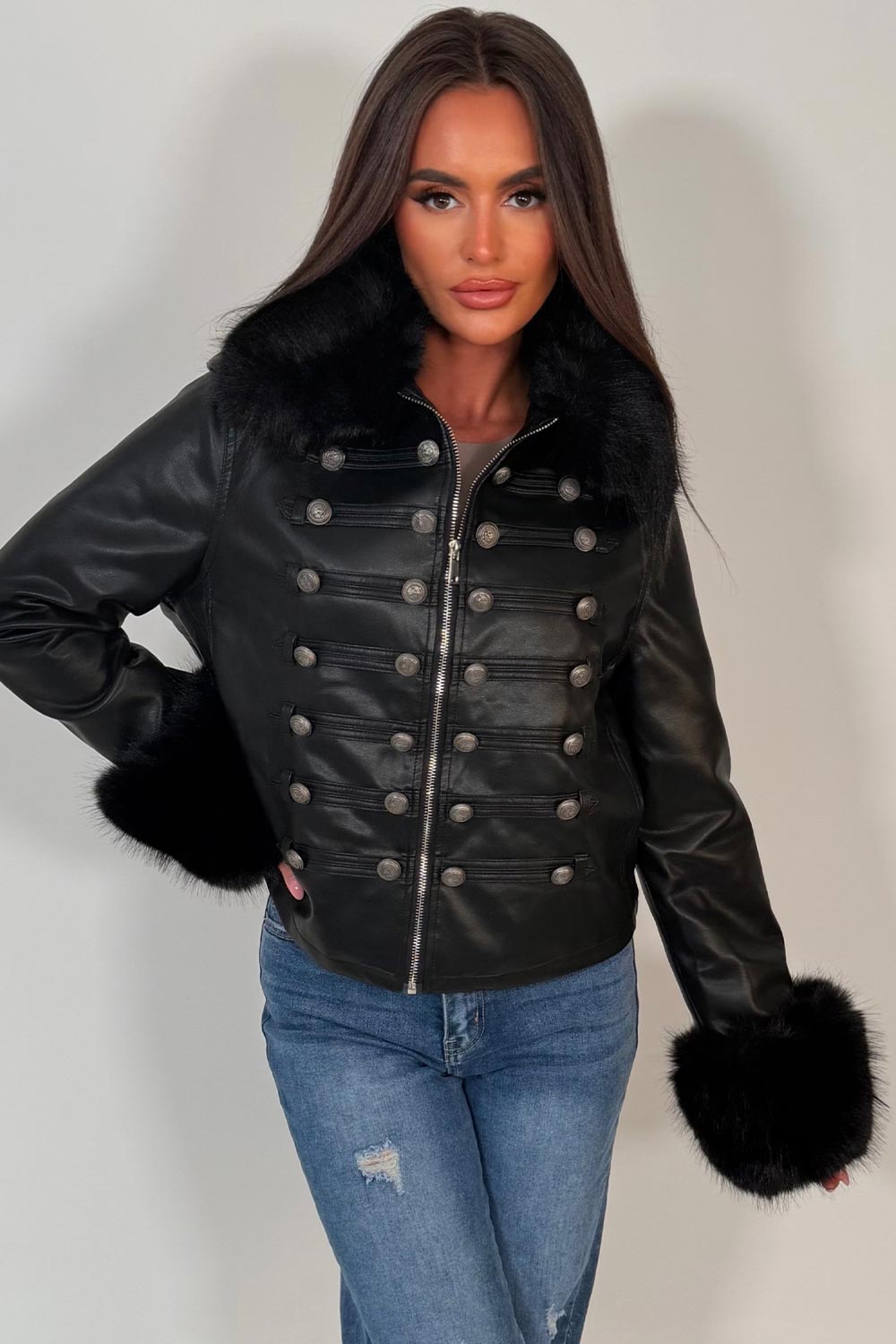 faux fur cuff faux fur collar faux leather jacket with buttons styledup uk