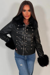 faux fur cuff faux fur collar faux leather jacket with buttons styledup uk