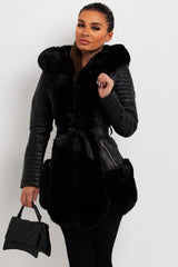 womens faux leather hooded jacket with faux fur panels
