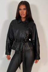 womens black faux leather jacket with lapel collar styledup uk