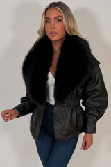 womens black faux leather jacket with faux fur collar styledup winter outerwear uk