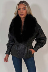 faux fur faux leather jacket with cinched waist styledup uk 