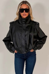 womens funnel neck faux leather jacket with shoulder tabs styledup uk