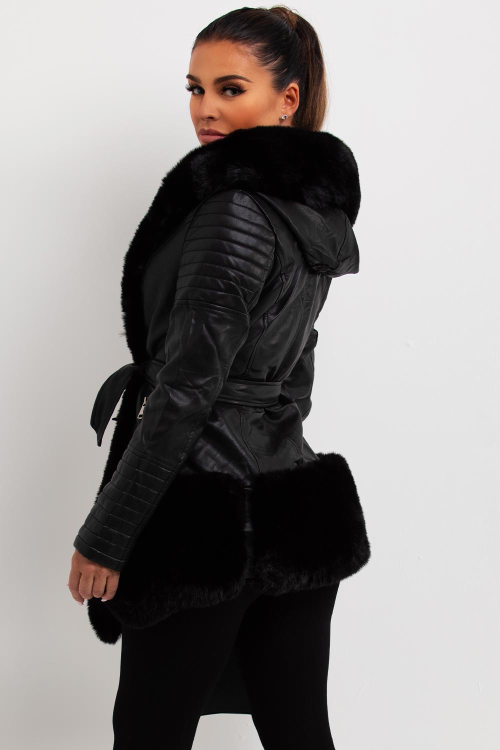 faux fur panel faux leather hooded jacket womens