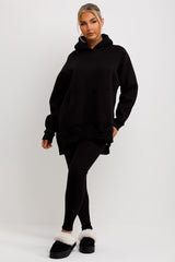 womens hooded sweatshirt and high waist rib leggings set black