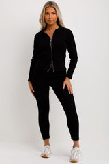 womens black ribbed loungewear set zip front