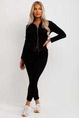 black ribbed loungewear set with zip front