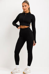 womens sport zip up jacket bralette and leggings three piece matching outfit set