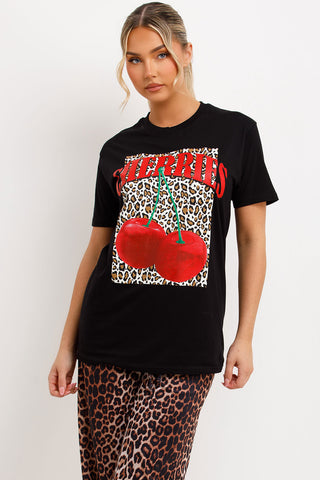Women's Leopard Cherry Printed T Shirt Top Black – Styledup.co.uk