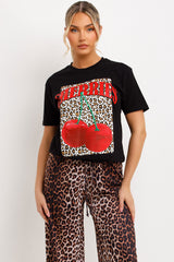 black t shirt with leopard cherry print womens 