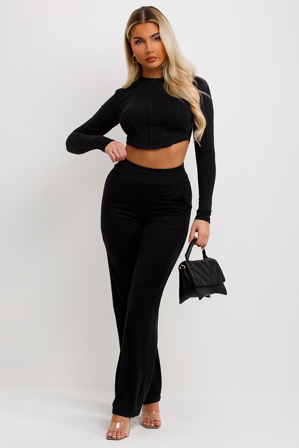 Women's Corset Top And Trousers Set Black Going Outfit – Styledup