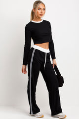 black rib tracksuit with contrast side stripes womens loungewear co ord