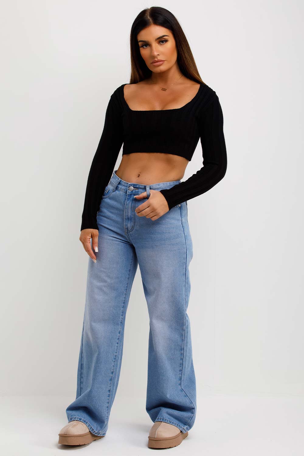 square neck crop knitted jumper with long sleeves