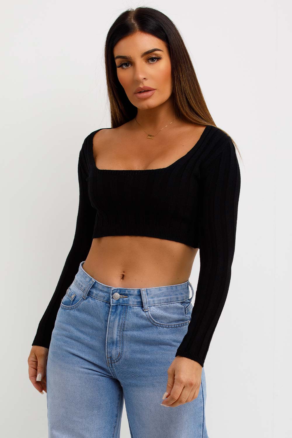 womens square neck long sleeve crop jumper