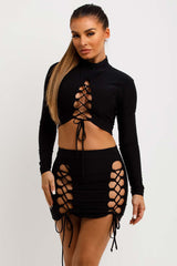 womens mini cut out lace up skirt and high neck crop topco ord festival rave going out outfit