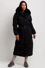 padded puffer long coat with belt and hood