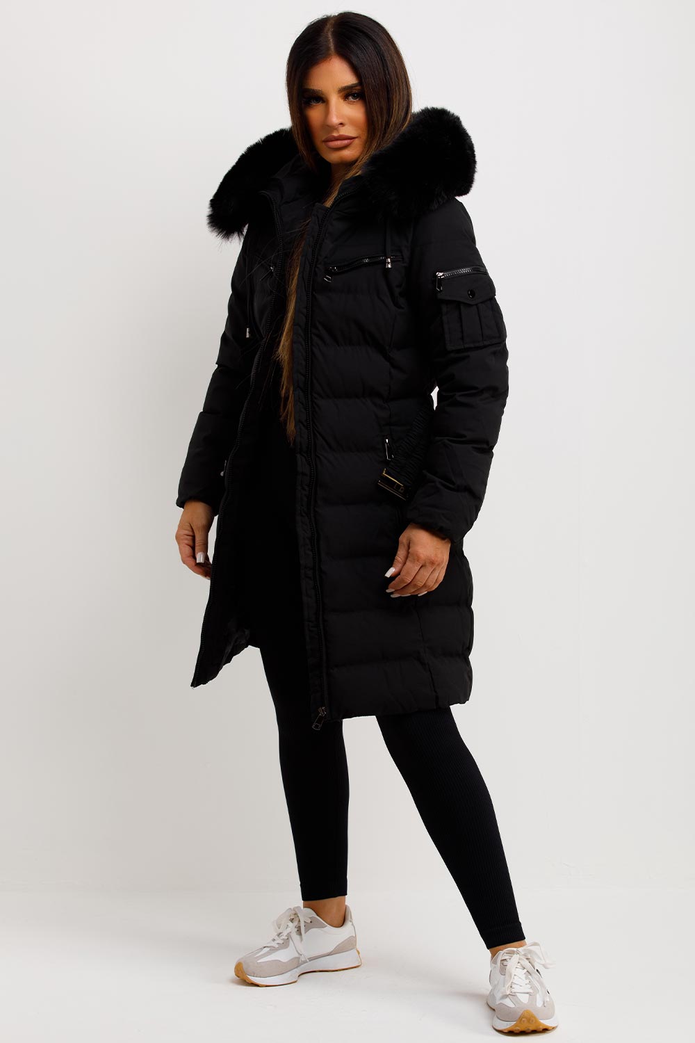 Women s Long Puffer Coat With Fur Hood And Belt Black Styledup