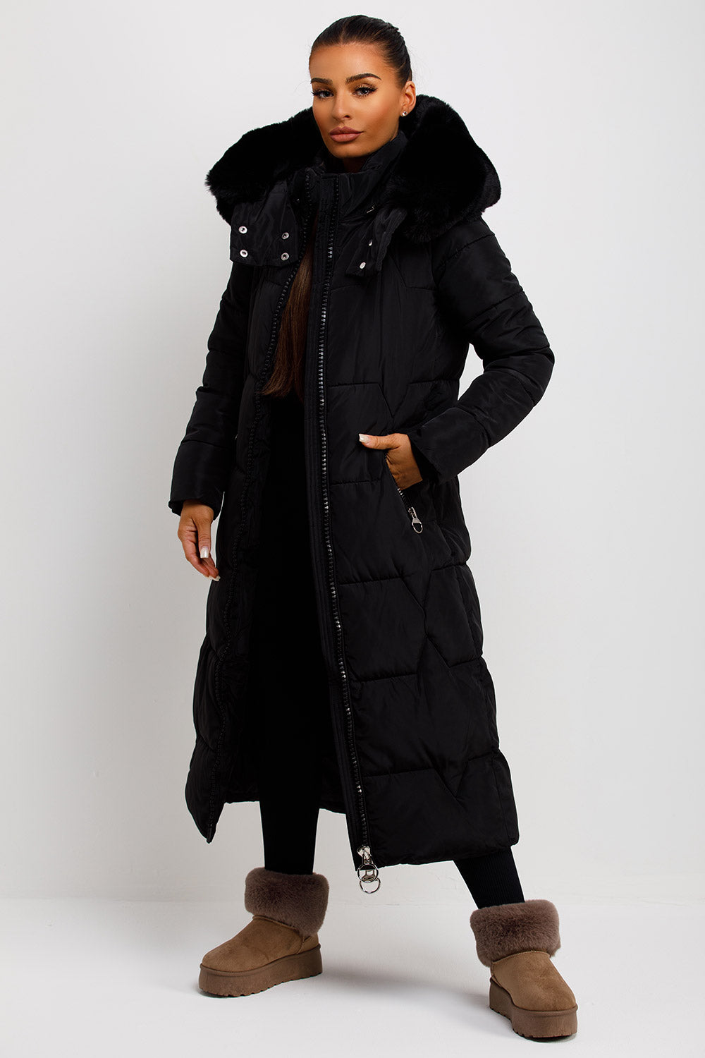 womens long puffer padded coat with fur hood