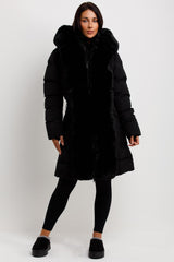 womens coat with faux fur hood and trim
