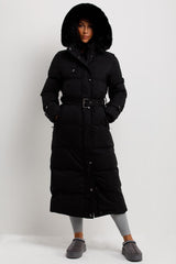 womens faux fur hooded longline padded puffer coat