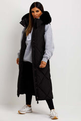 womens padded puffer long gilet with fur hood