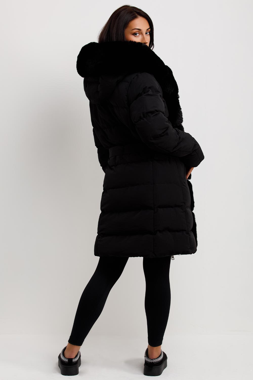 Women's Black Long Puffer Padded Coat With Faux Fur Hood And Trim ...