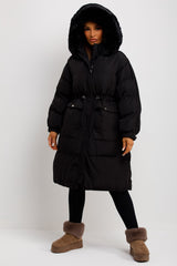 faux fur hood coat with drawstring waist black