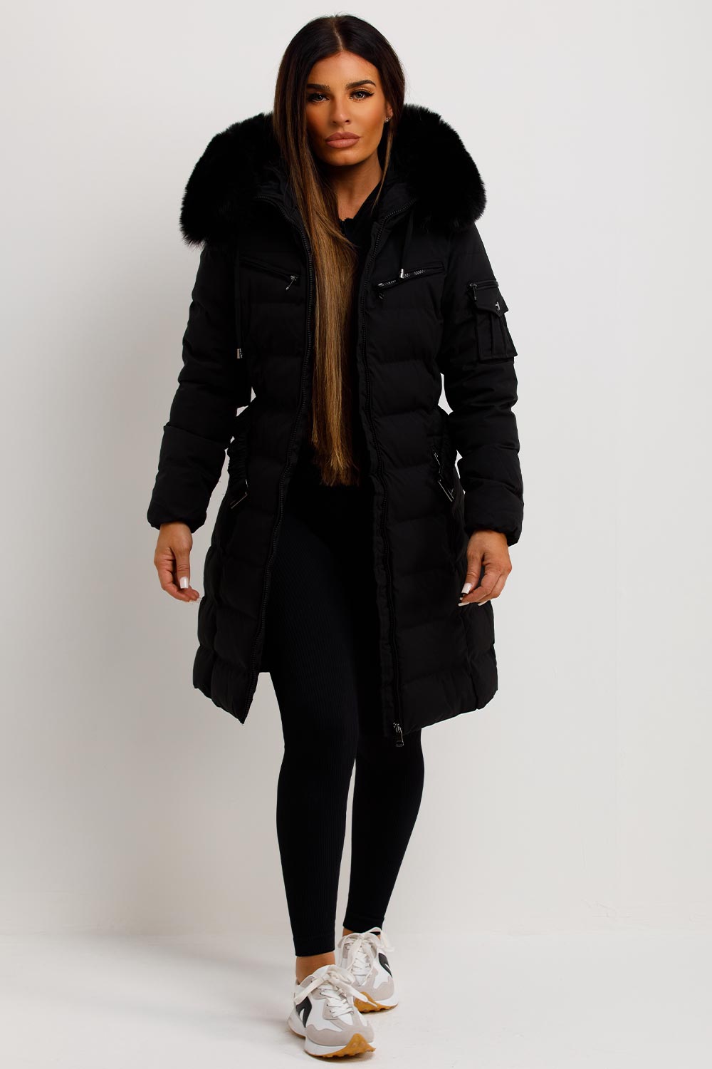 womens long coat with belt and faux fur hood