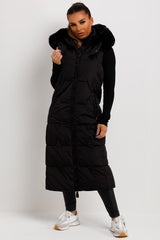 womens long puffer padded gilet with fur hood sleeveless jacket