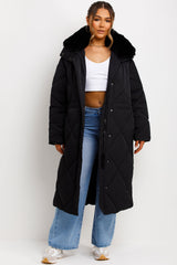 long quilted puffer coat with faux fur collar womens styled up