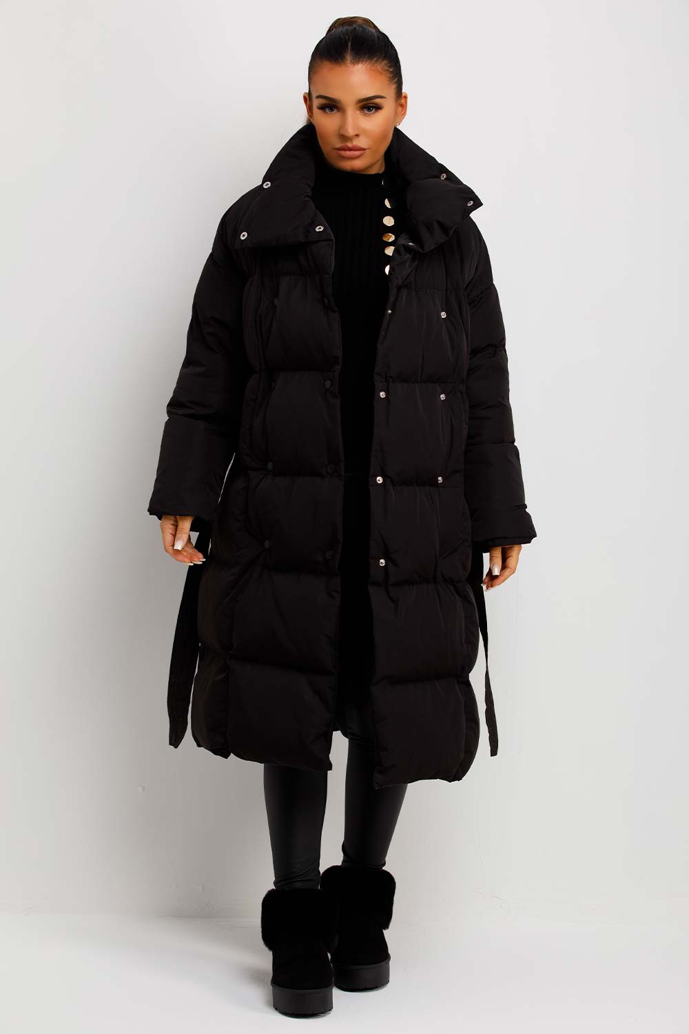 womens long puffer coat with belt duvet style