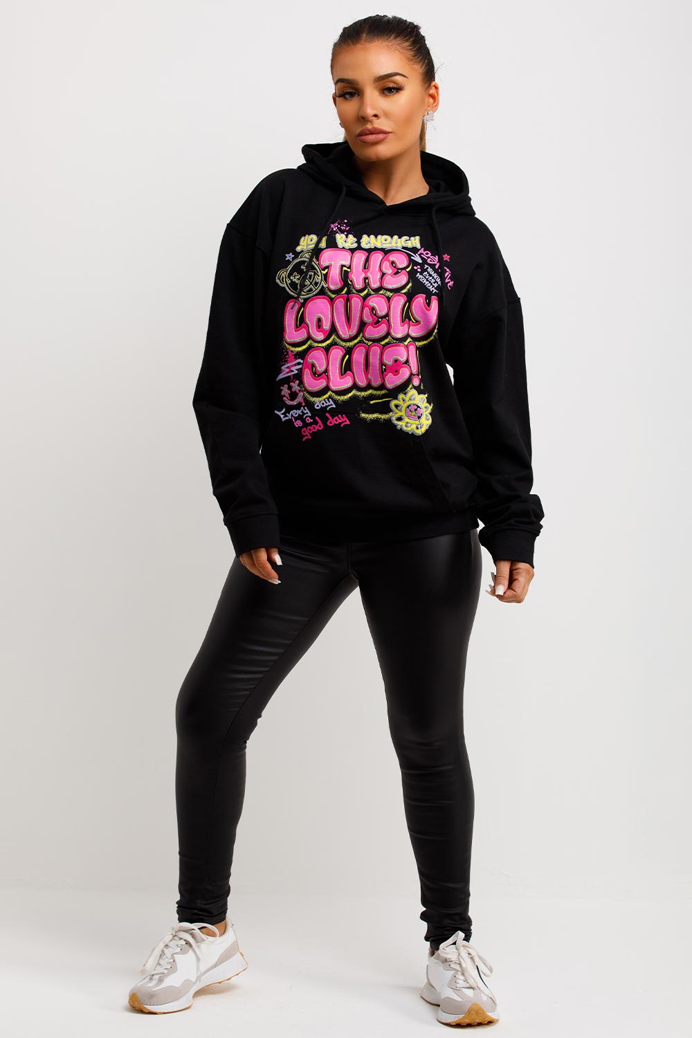 womens black hooded sweatshirt with the lovely club slogan