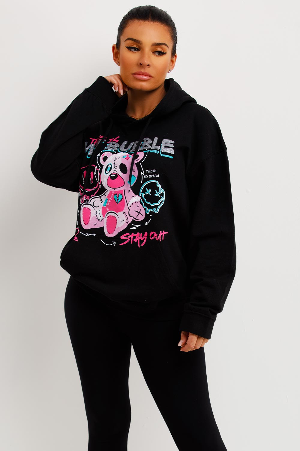 womens hooded sweatshirt with teddy bear graphic print